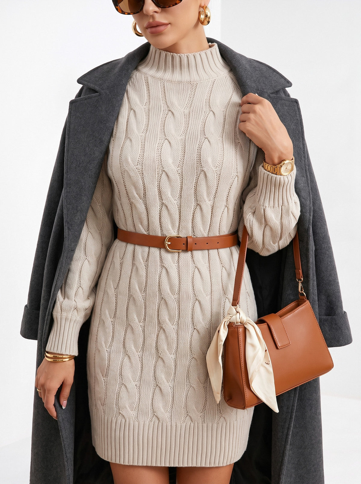BLENIN women's cable knit sweater dress in oatmeal, close-up of the details