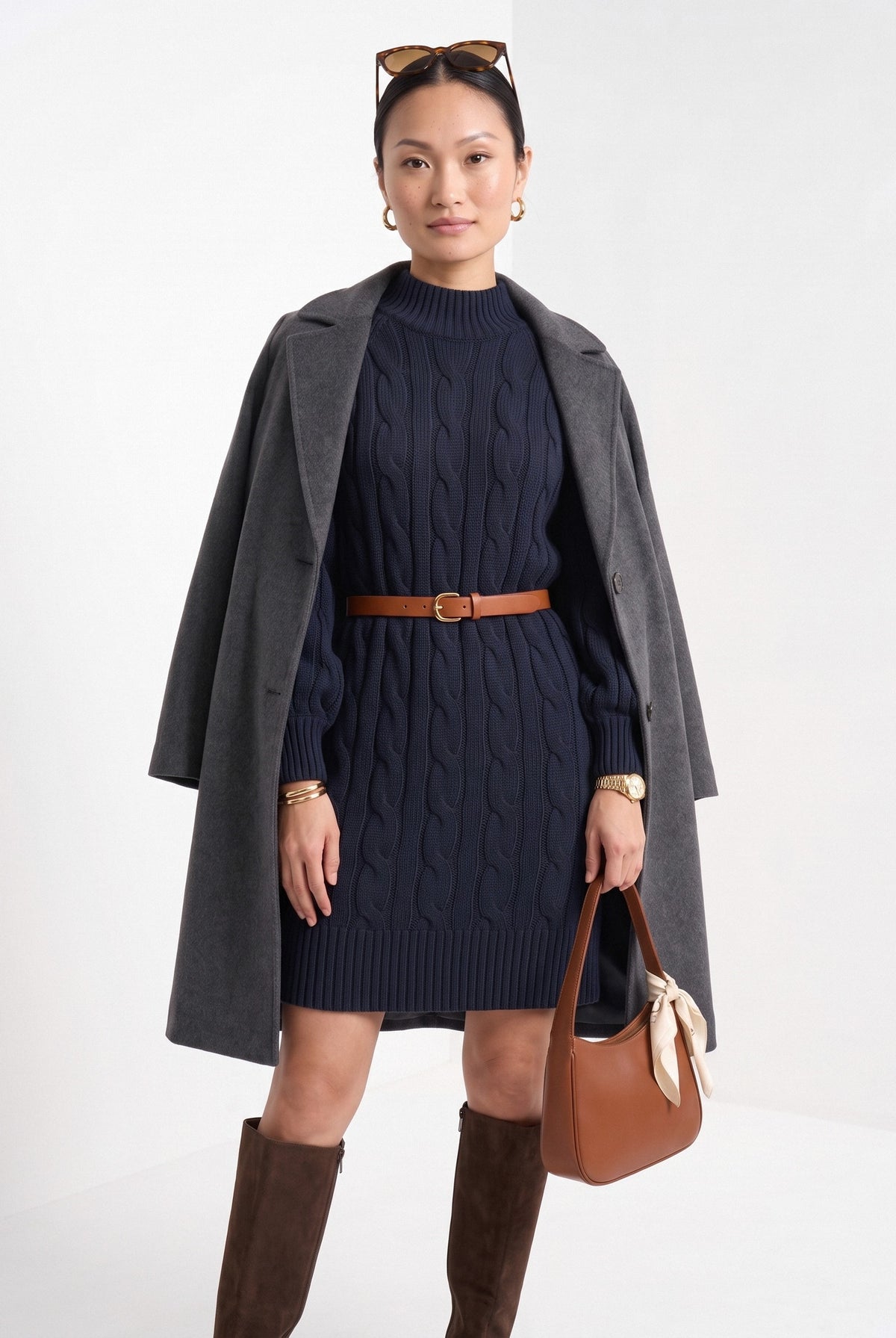 BLENIN women's cable knit sweater dress in navy, full-length look