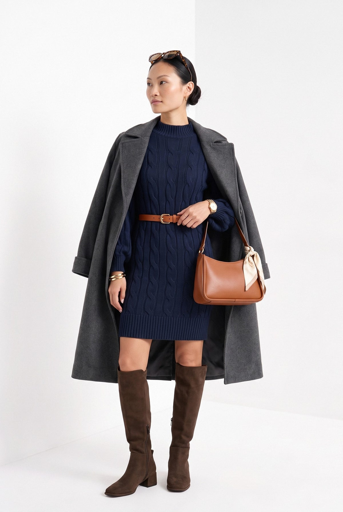 BLENIN women's cable knit sweater dress in navy, three-quarter view