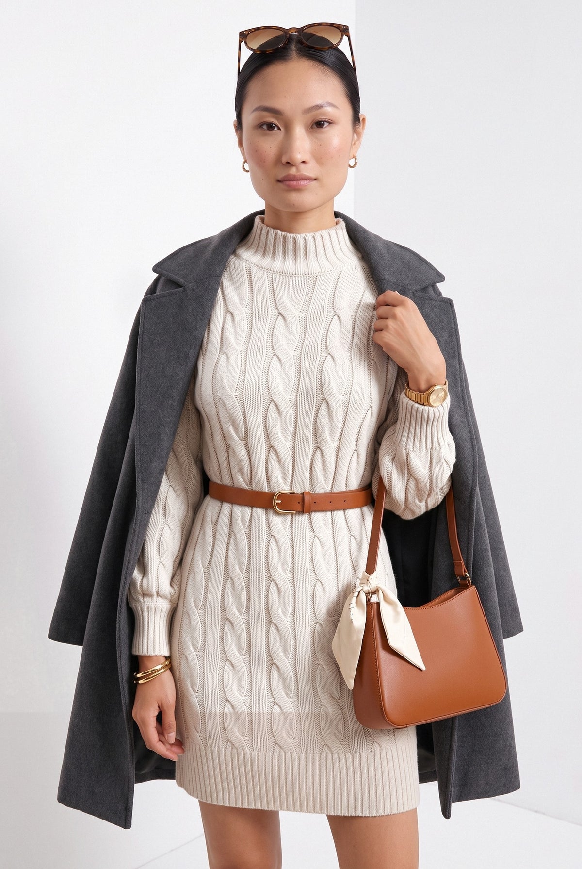 BLENIN women's cable knit sweater dress in ivory, front portrait