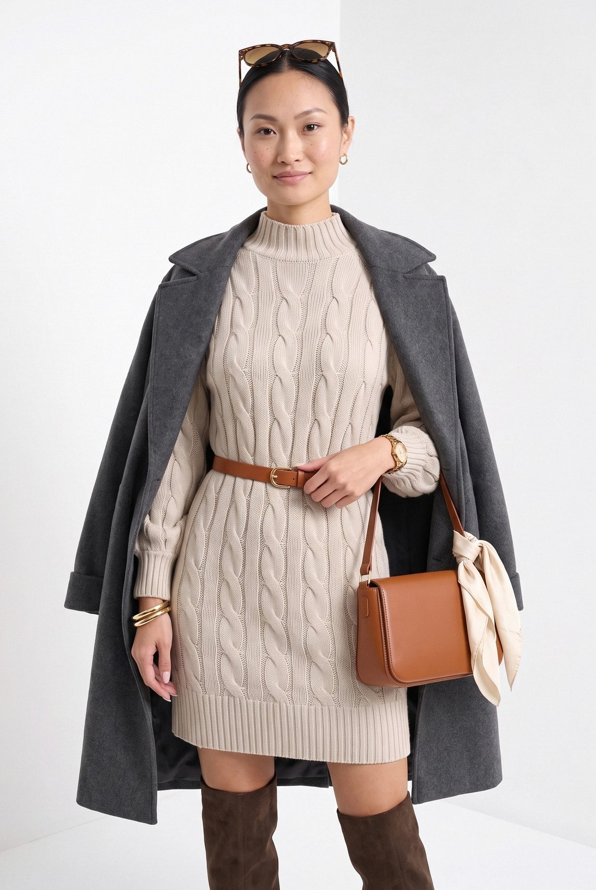 BLENIN women's cable knit sweater dress in oatmeal, front portrait