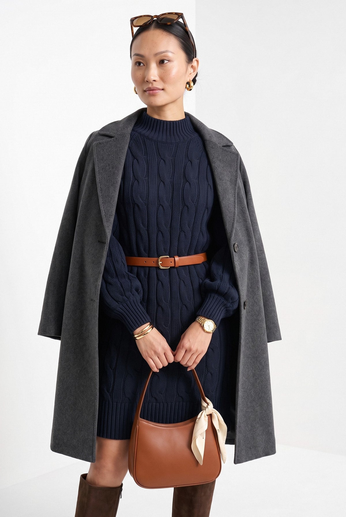 BLENIN women's cable knit sweater dress in navy, front portrait
