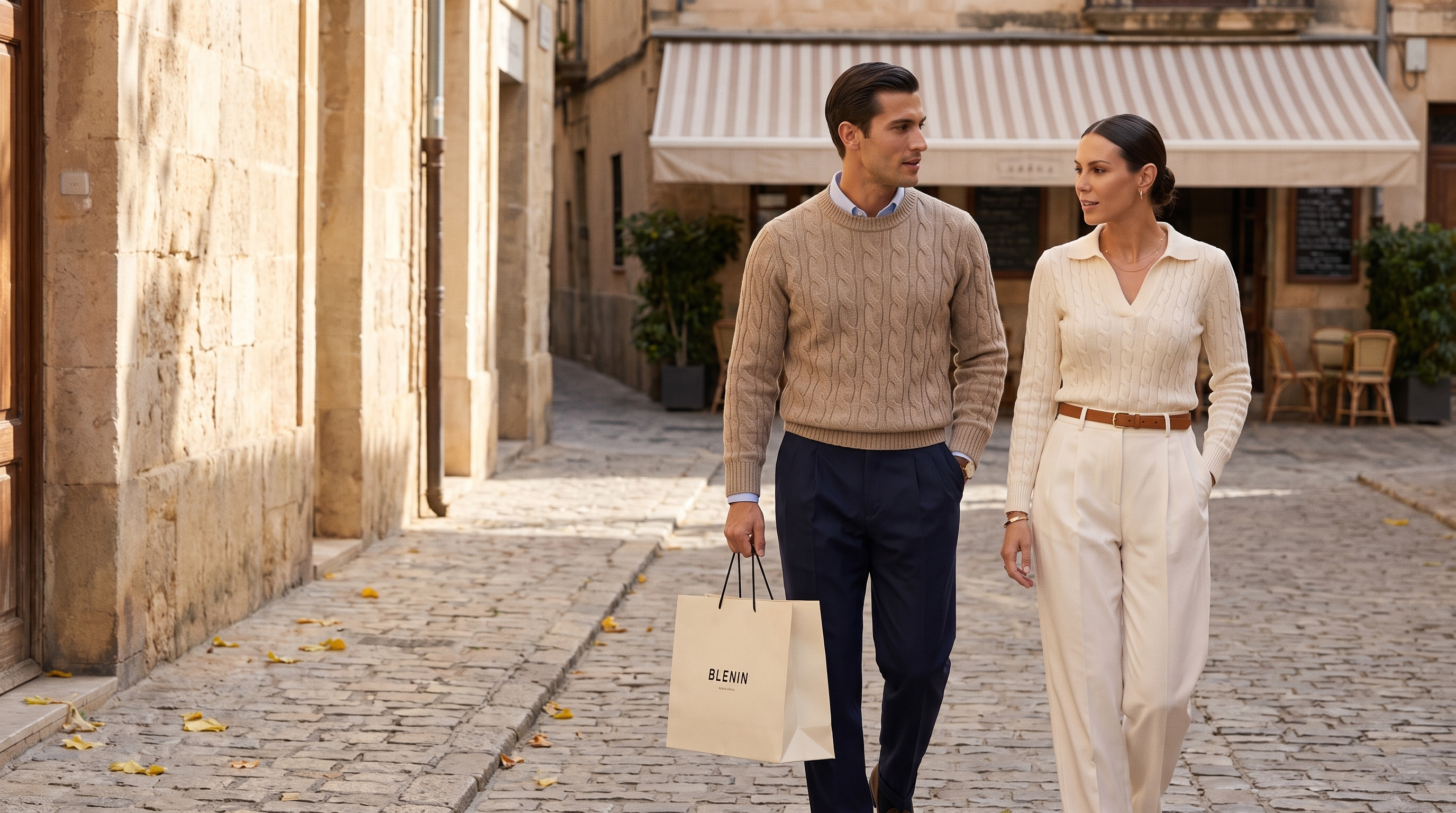 Man and woman in affordable quiet luxury outfits on an autumn street