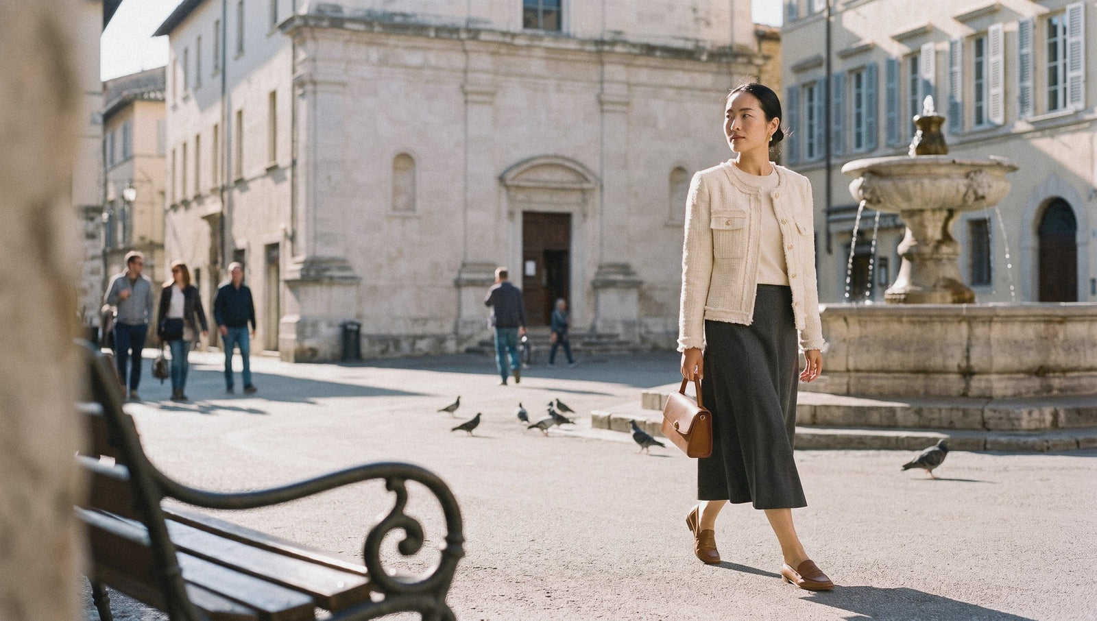 Woman in a tweed blazer and midi skirt walking through an old town