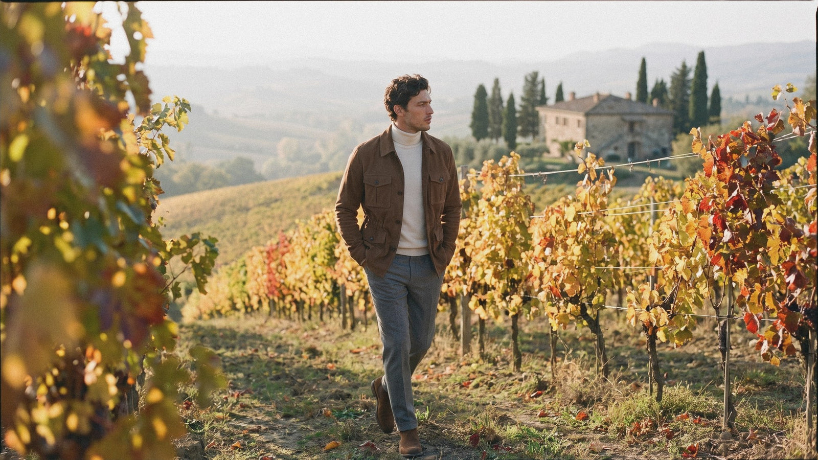Man in a brown suede-look field jacket and a cream roll neck in an autumn vineyard