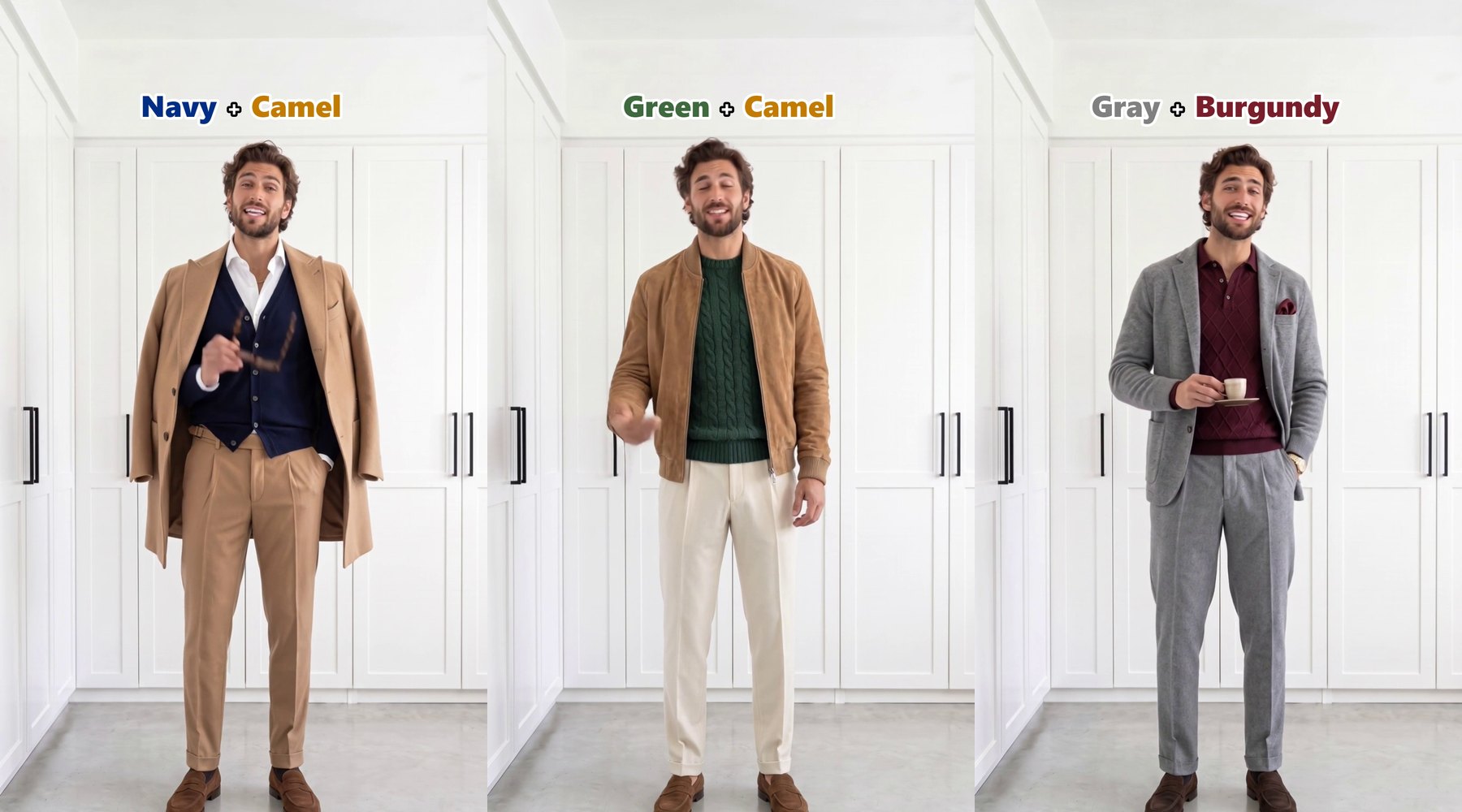 Old money color combinations for men from our newest video: navy and camel, green and camel, gray and burgundy