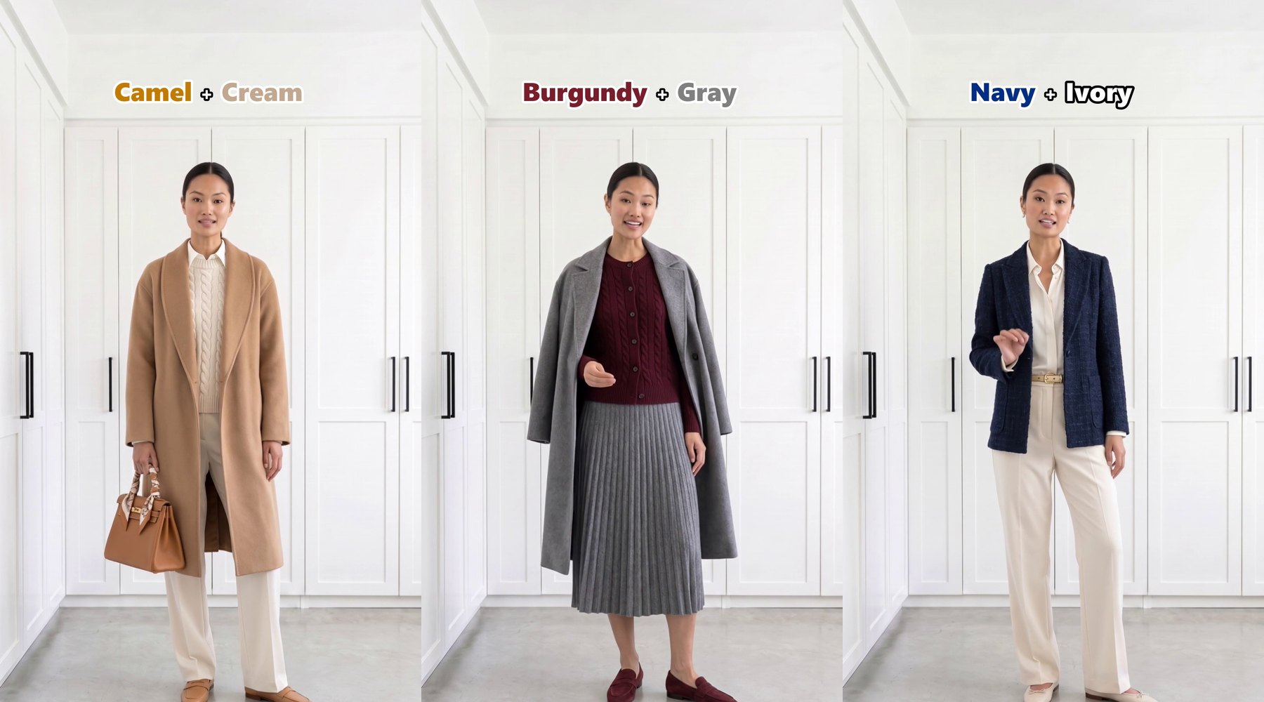 Old money color combinations for women from our newest video: camel and cream, burgundy and gray, navy and ivory