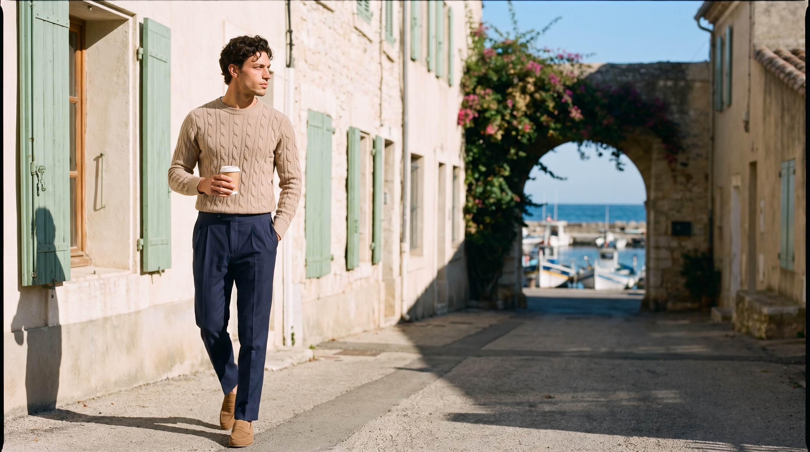 Man in a beige cable knit sweater and navy pleated trousers walking down a sunny harbour lane