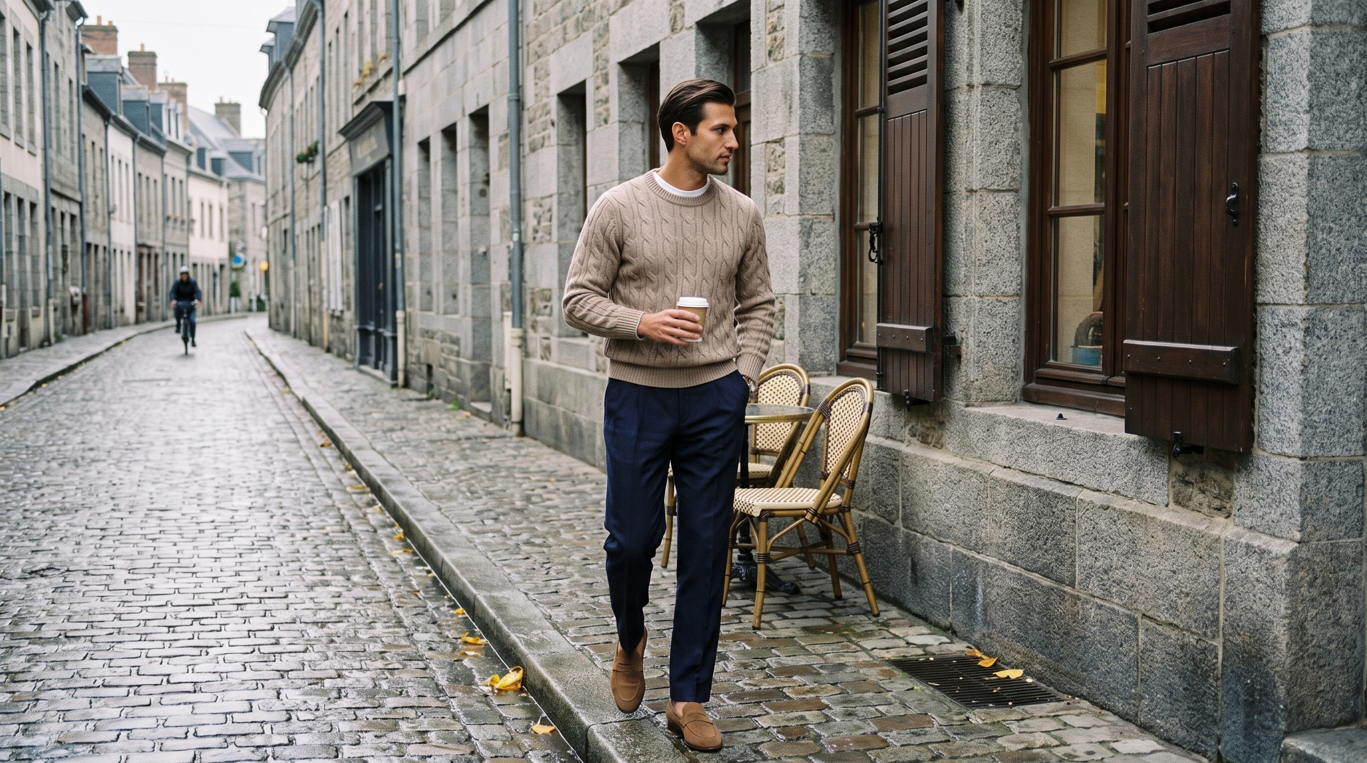 Man in a beige cable knit sweater and navy pleated trousers on a wet cobblestone street