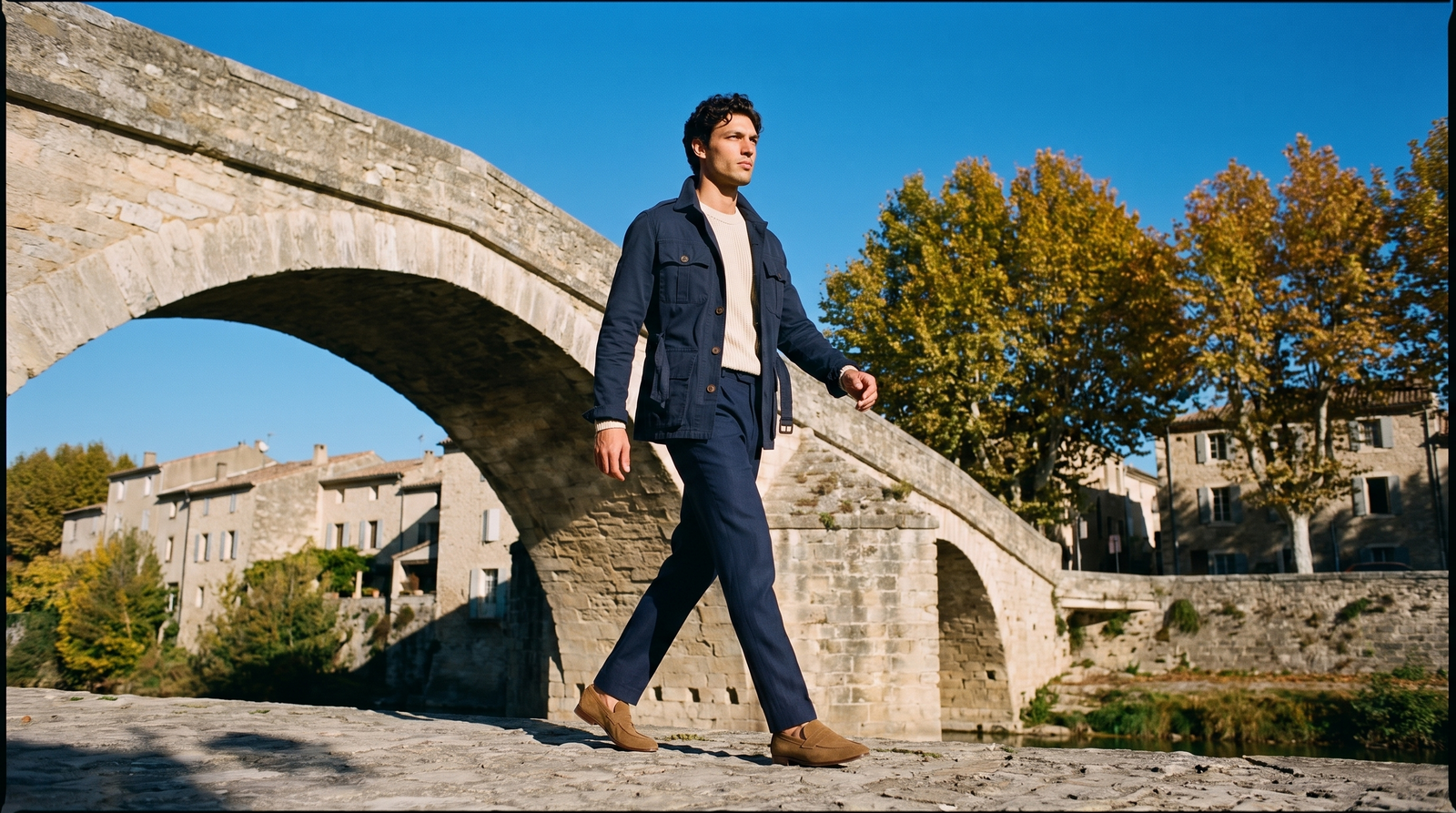 Man in a navy belted field jacket and navy pleated trousers crossing an old stone bridge on a sunny autumn day