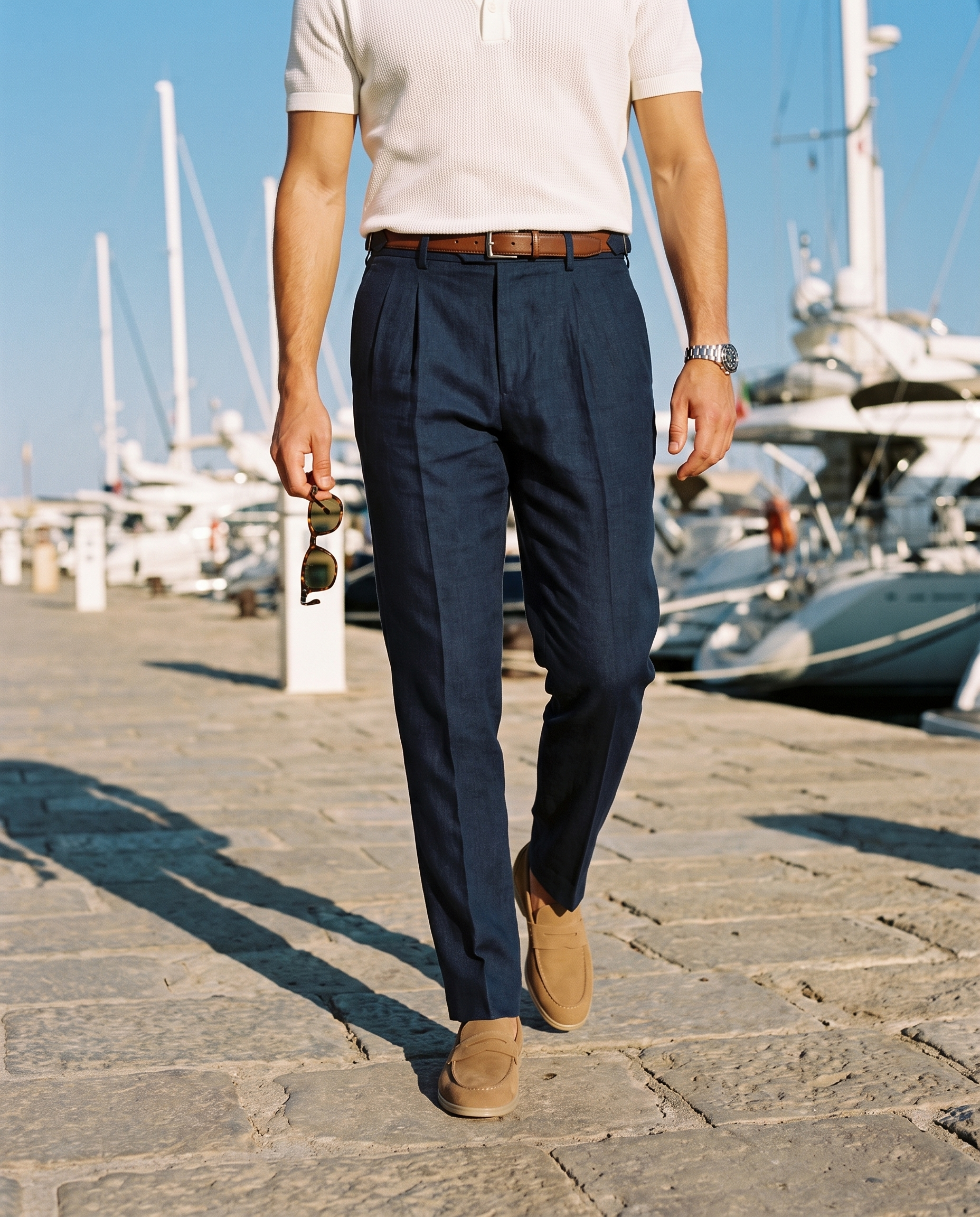 Navy pleated trousers with a white knitted polo and suede loafers on a sunny harbour quay