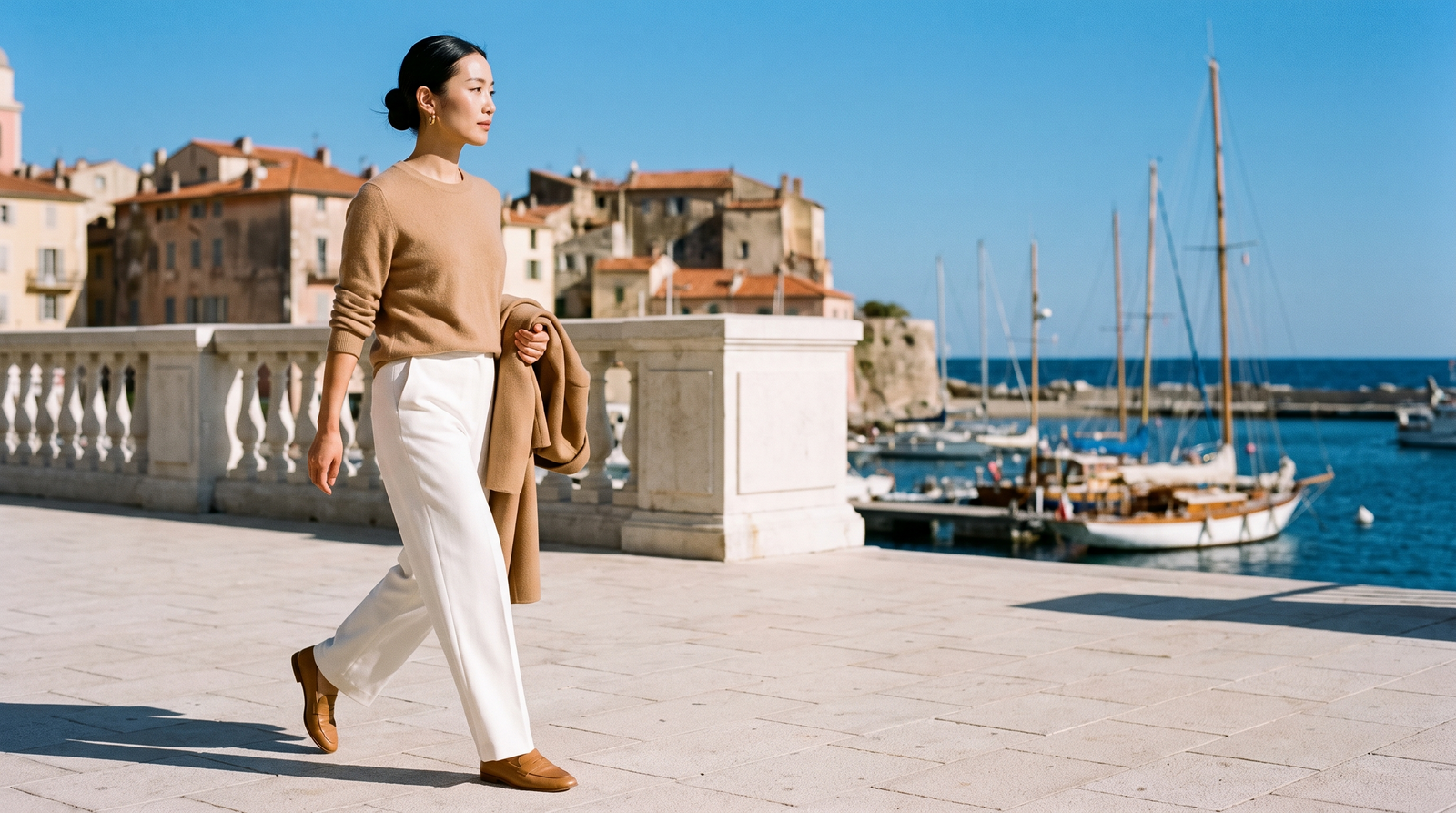 Woman in a camel cashmere sweater and white wide-leg trousers on a harbour promenade