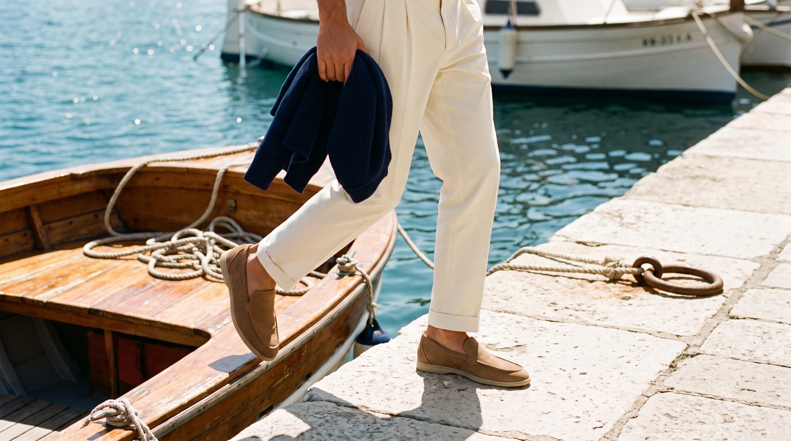 Man in cream pleated trousers and brown suede loafers on a sunny harbour quay