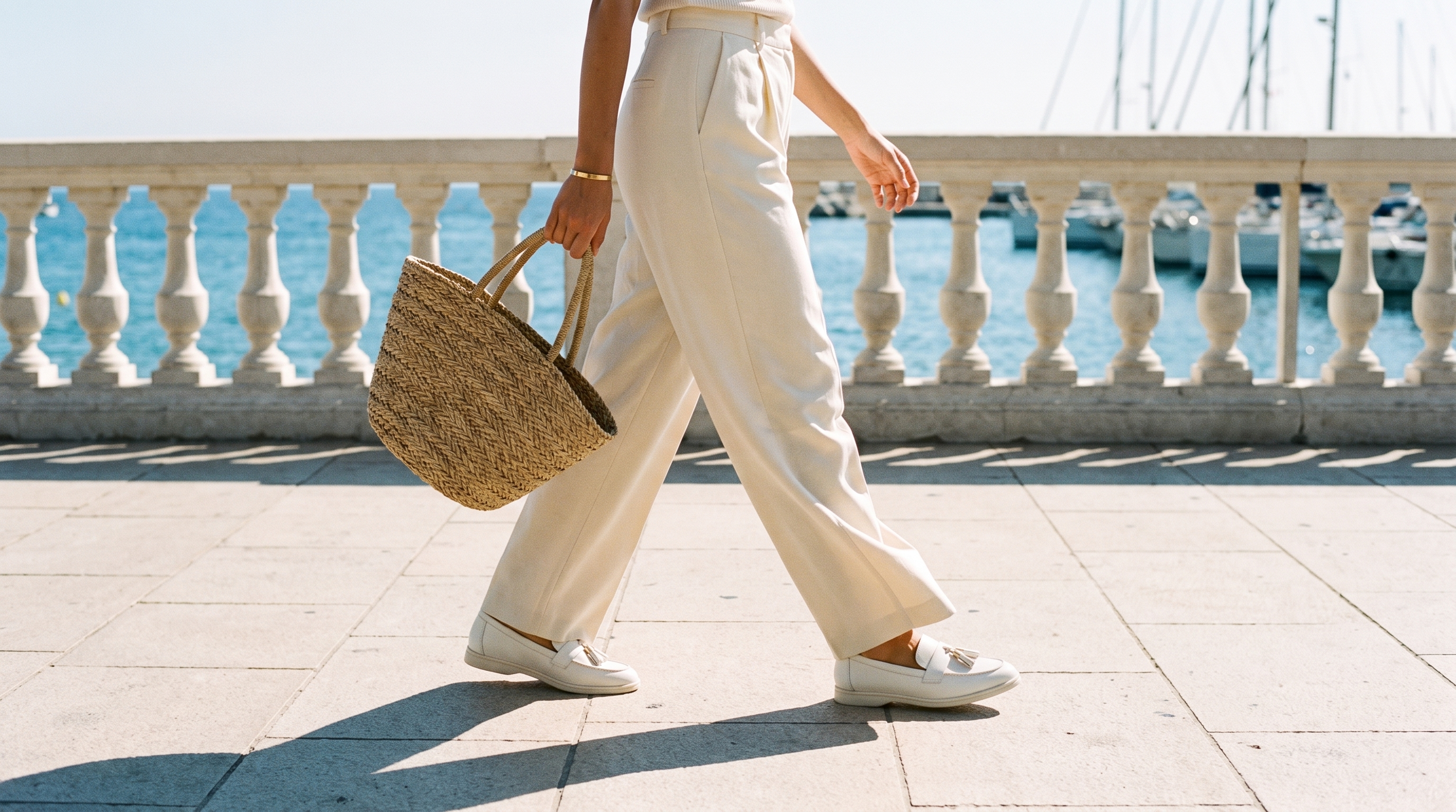 Woman in cream wide-leg trousers and white loafers on a sunny seaside promenade