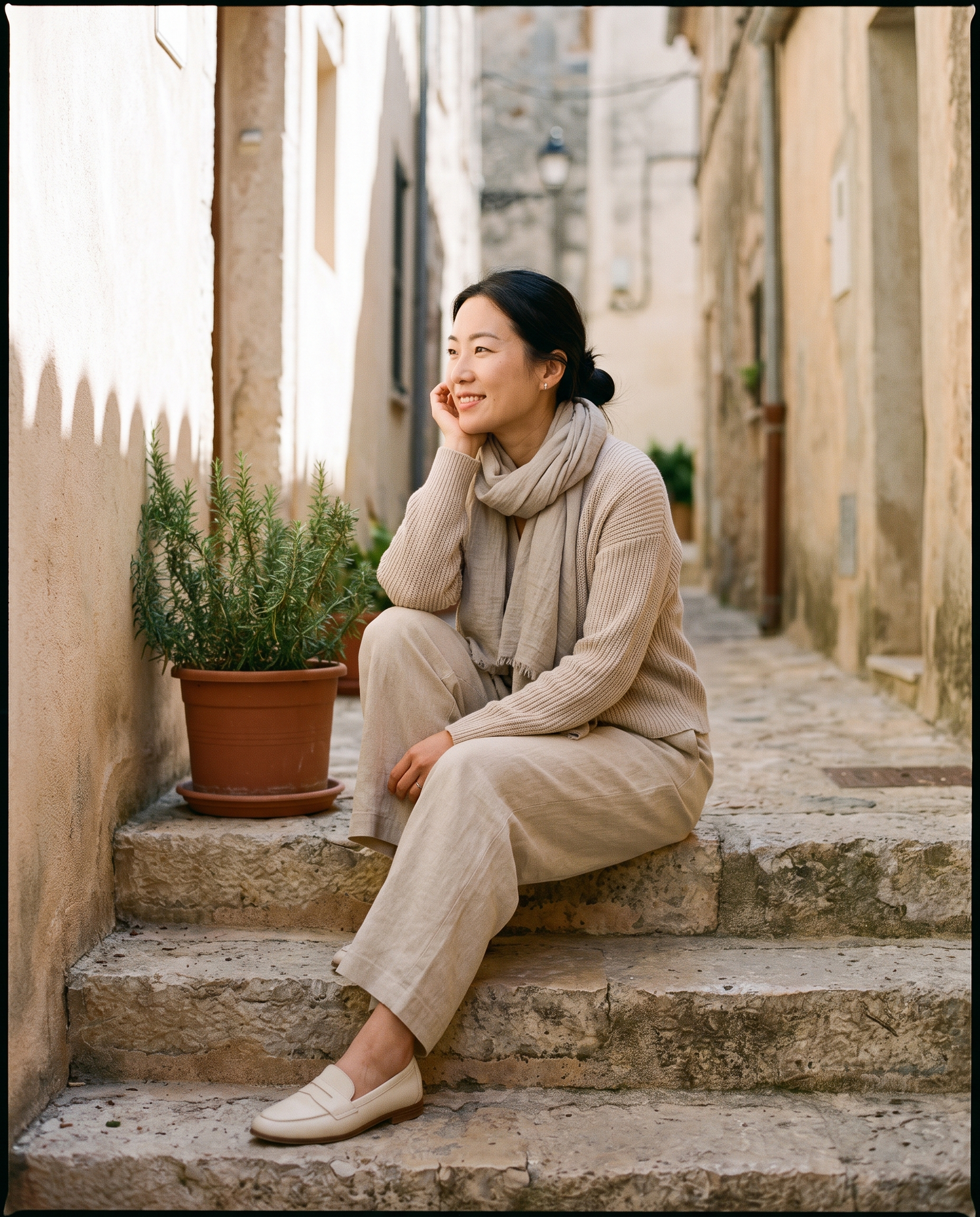 Woman dressed tone on tone in soft neutrals on old stone steps