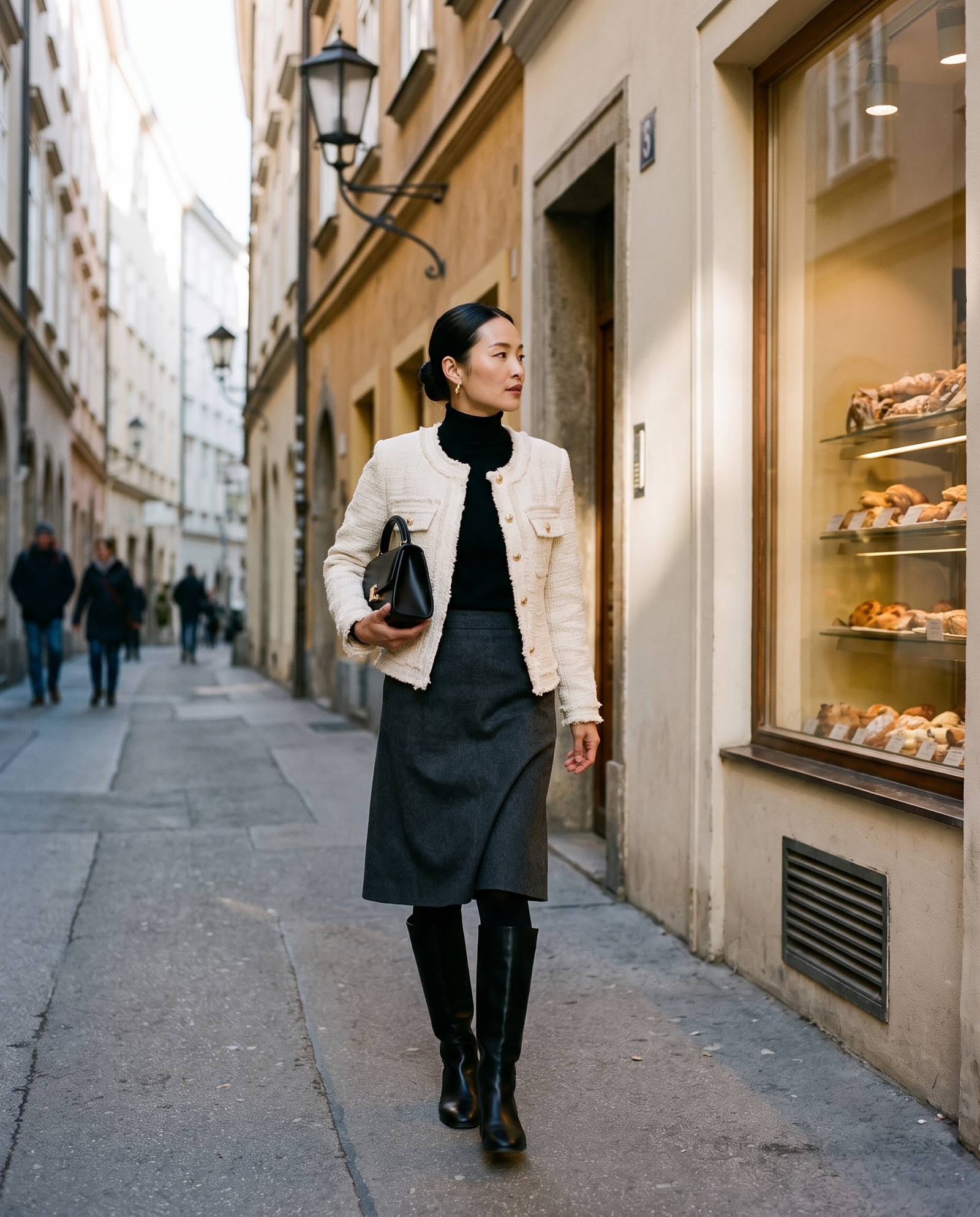 Woman in a tweed blazer, black turtleneck and charcoal midi skirt on an old town street in winter