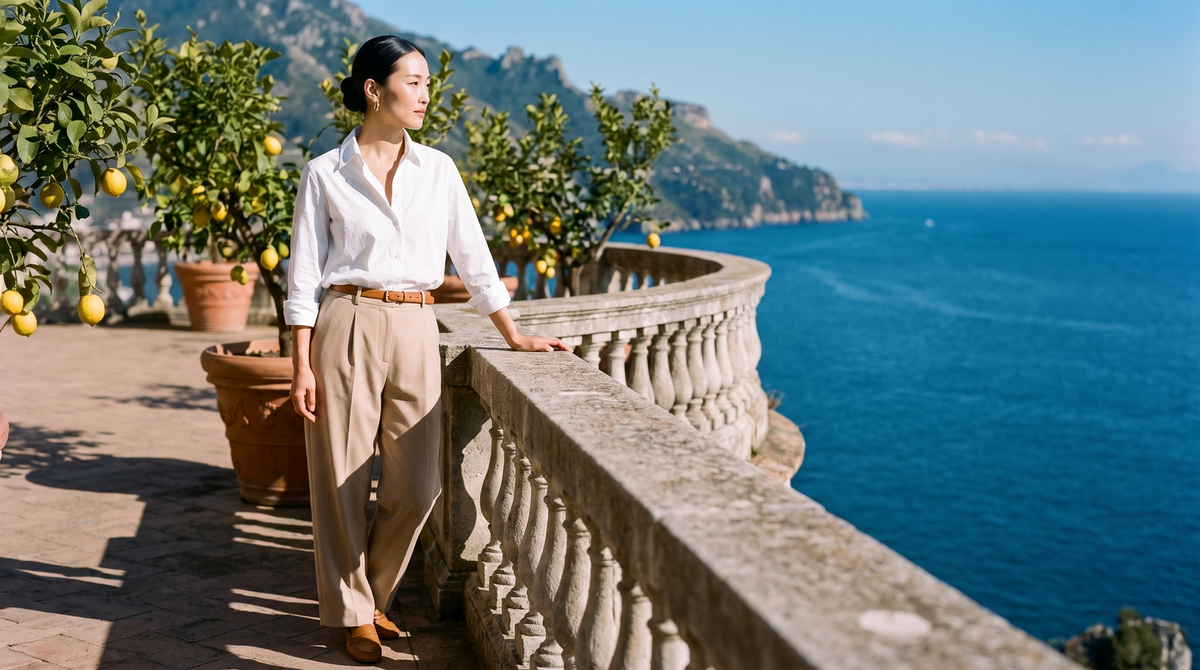 Woman in a crisp white shirt tucked into beige wide-leg trousers on a villa terrace by the sea