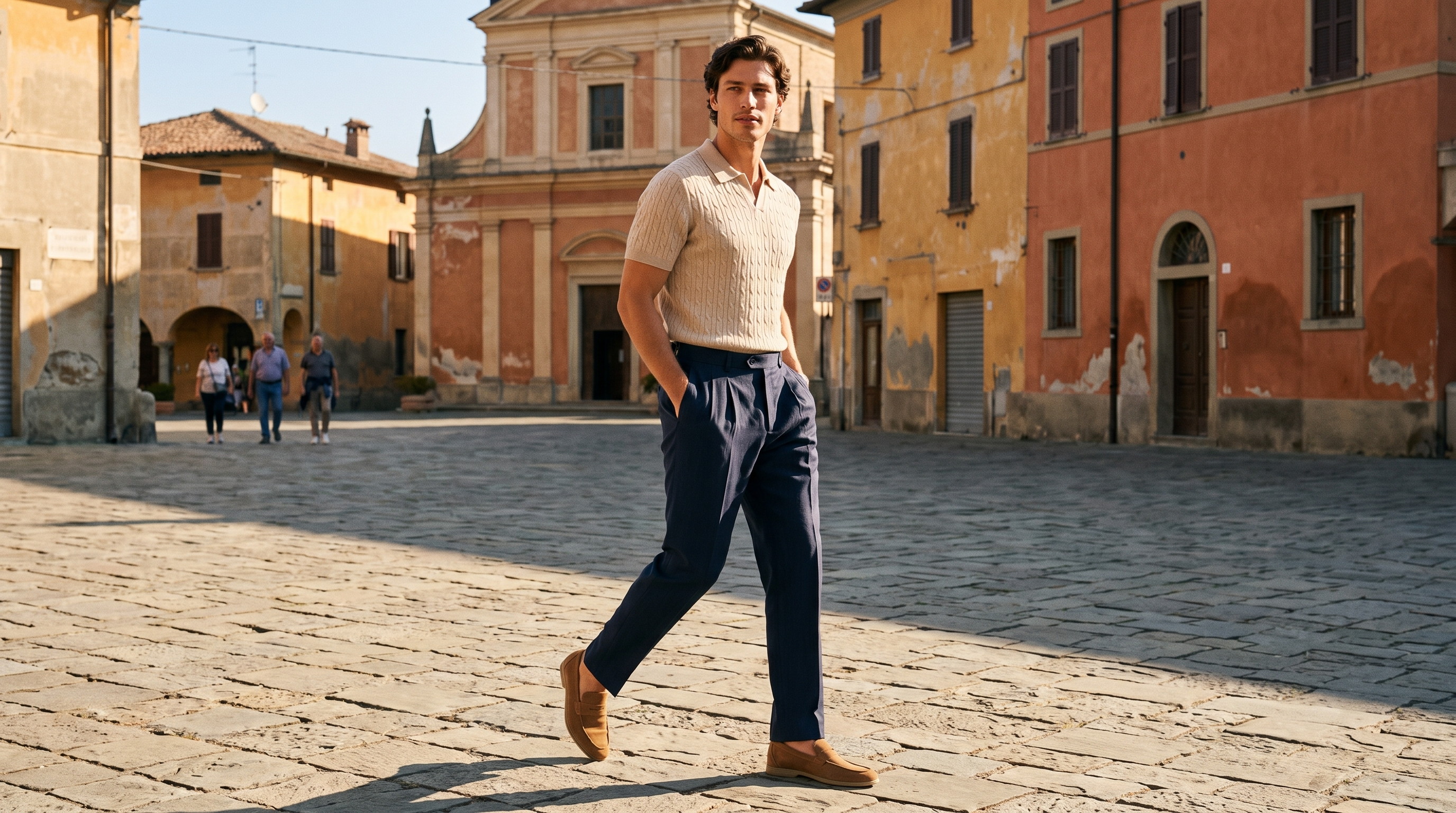 Man in navy pleated trousers and a knitted polo walking across a piazza
