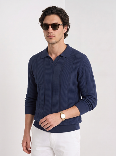 Men's long sleeve textured knitted polo in navy