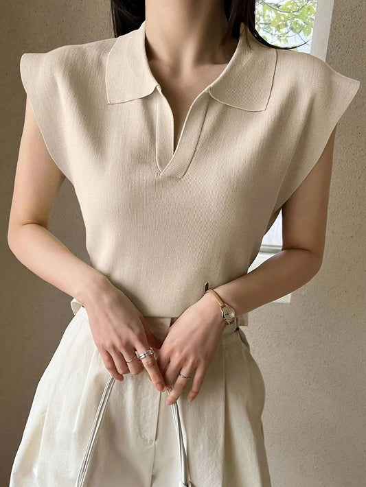 Old Money Elegant Solid Collared Neck Knitted Top