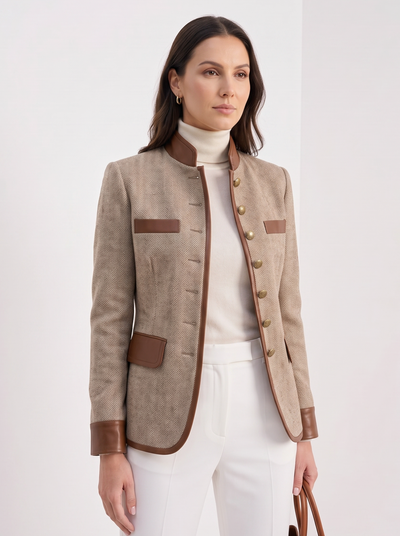 Women's beige herringbone stand collar jacket with brown trim