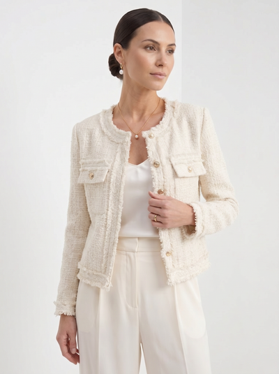 Women's collarless tweed blazer in beige