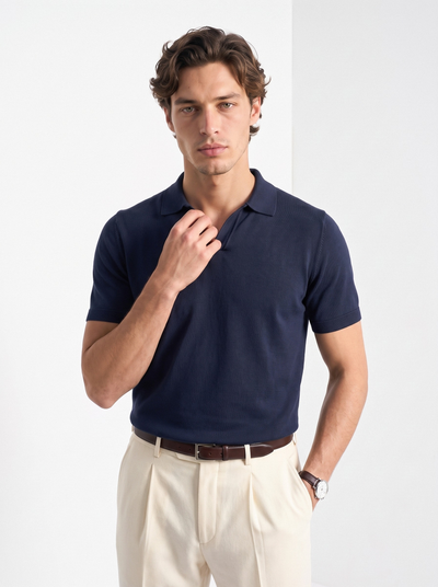 Men's cotton knitted polo shirt in navy