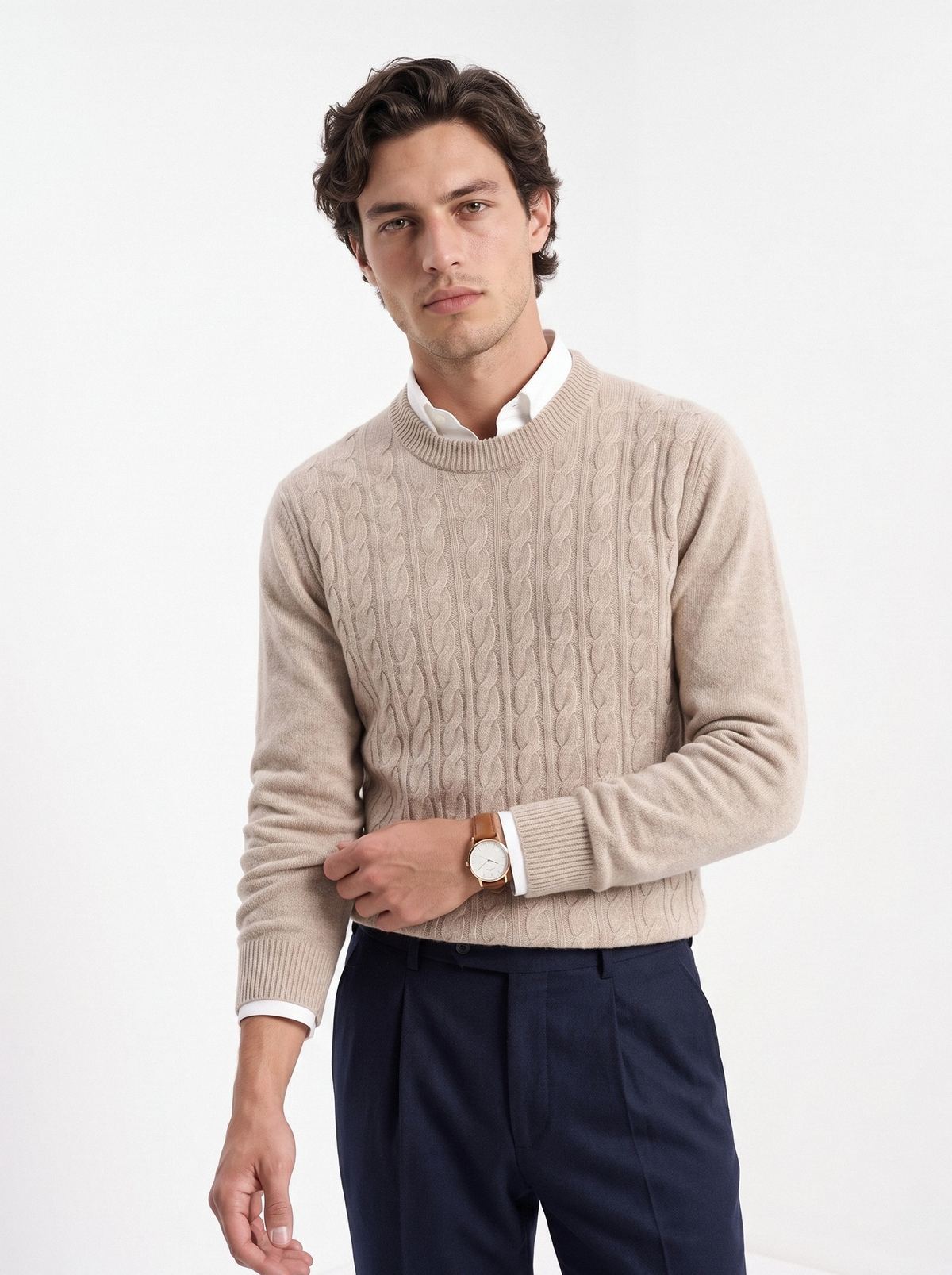 Men's wool cable knit crewneck sweater in beige