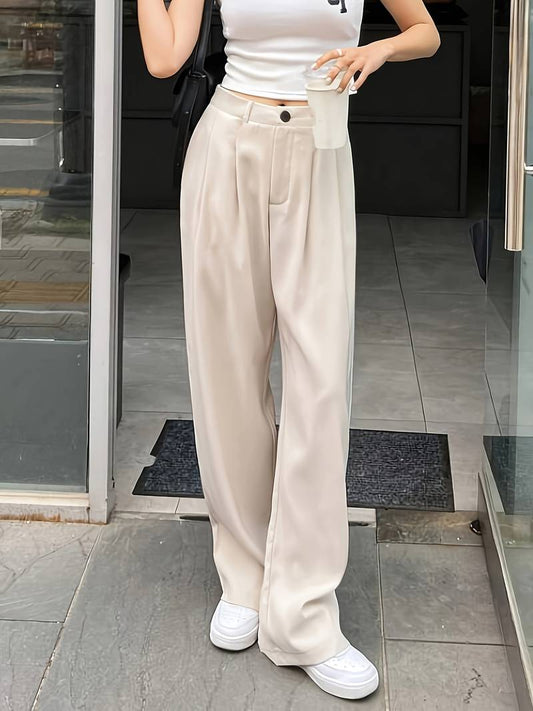 Old Money Solid Button Front High Waist Plicated Pants
