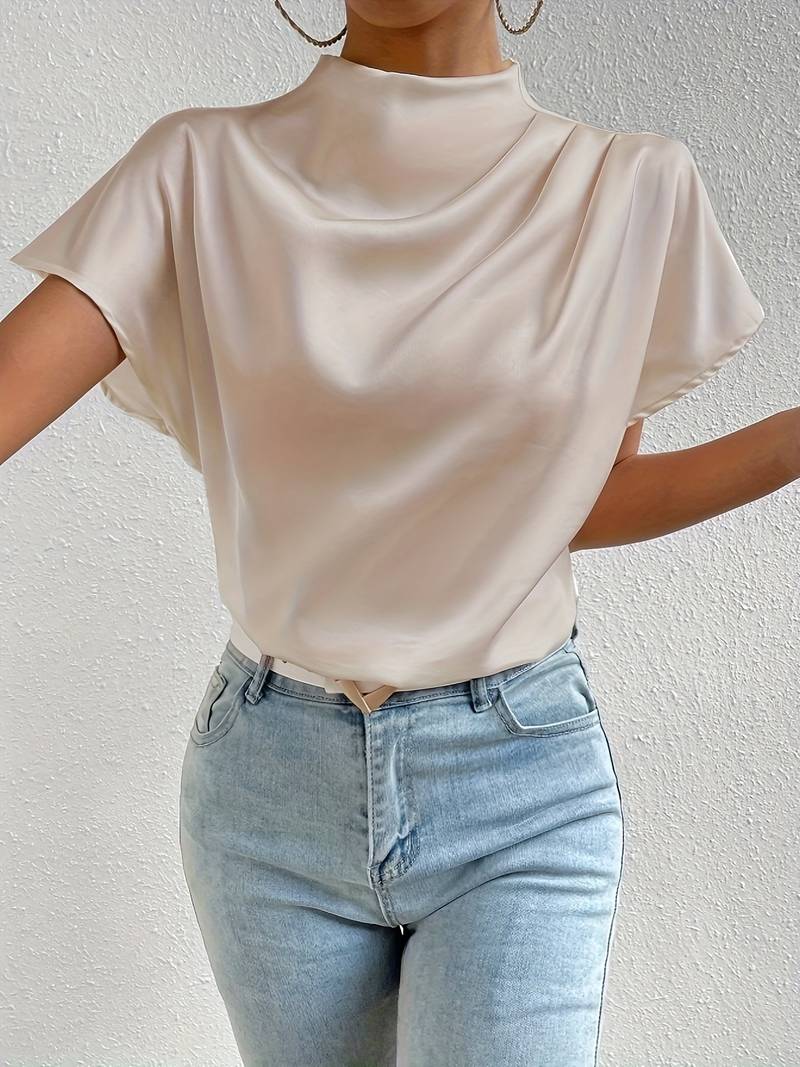 Old Money Plain Premium Solid Pleated Mock Neck Blouse - BLENIN - Old Money Elegant Clothing Brand