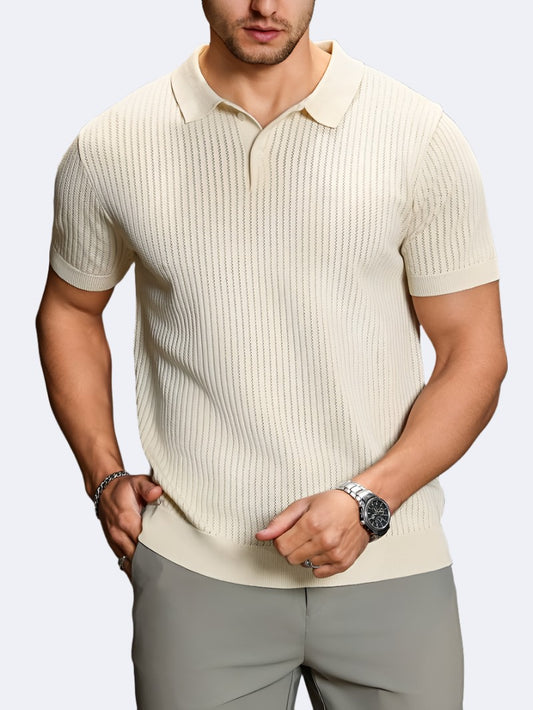 Old Money Solid Stripe Pattern Knit Men's Short Sleeve Lapel Collar Henley Polo T-Shirt