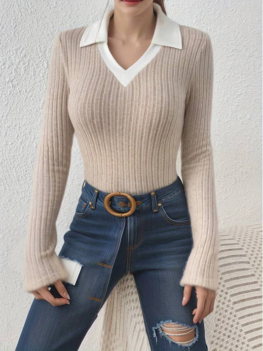 Old Money Knitted Woolen Slim Rib Knit Polo Sweater