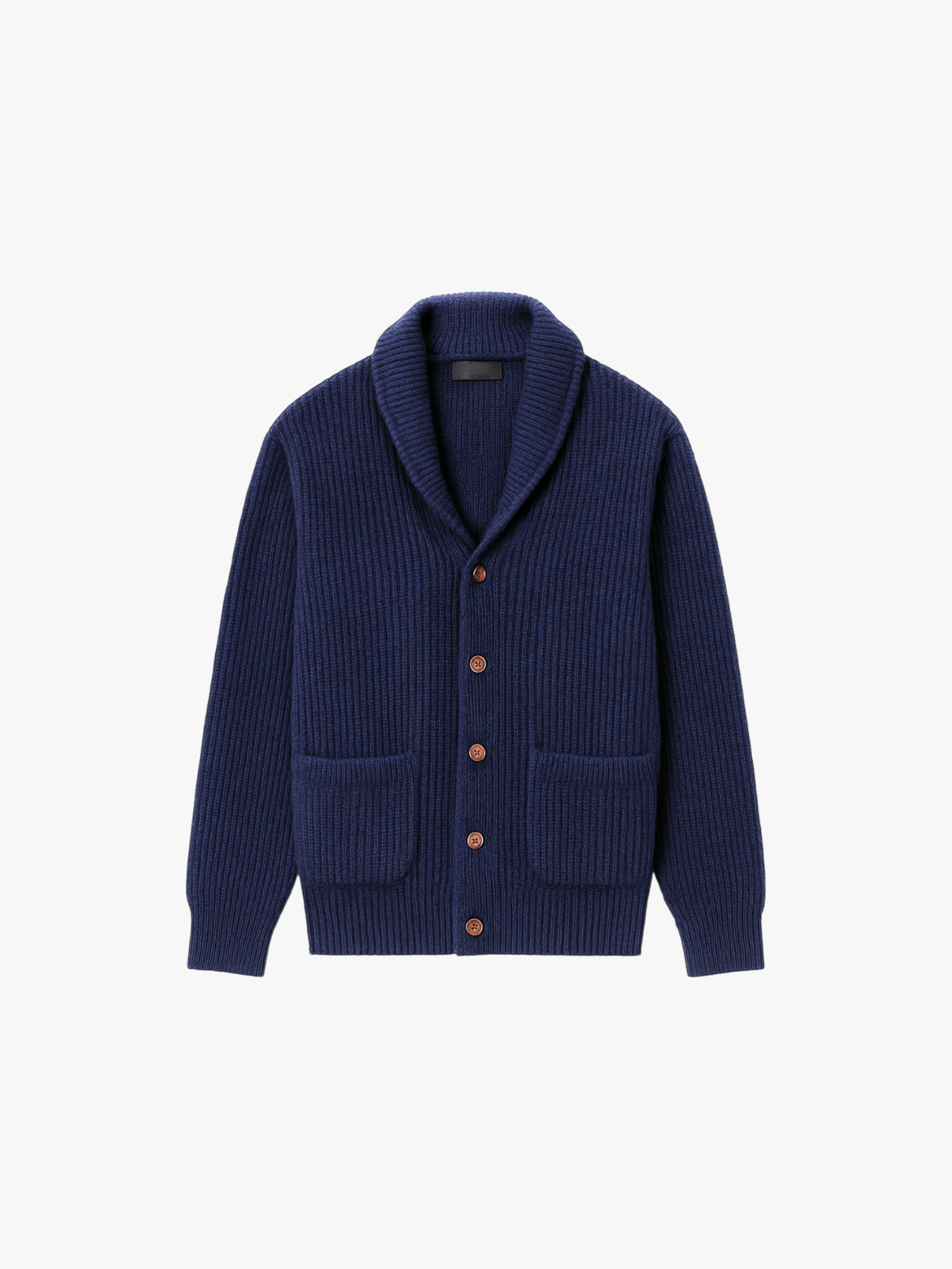 Blue cardigan with brown buttons on a white background