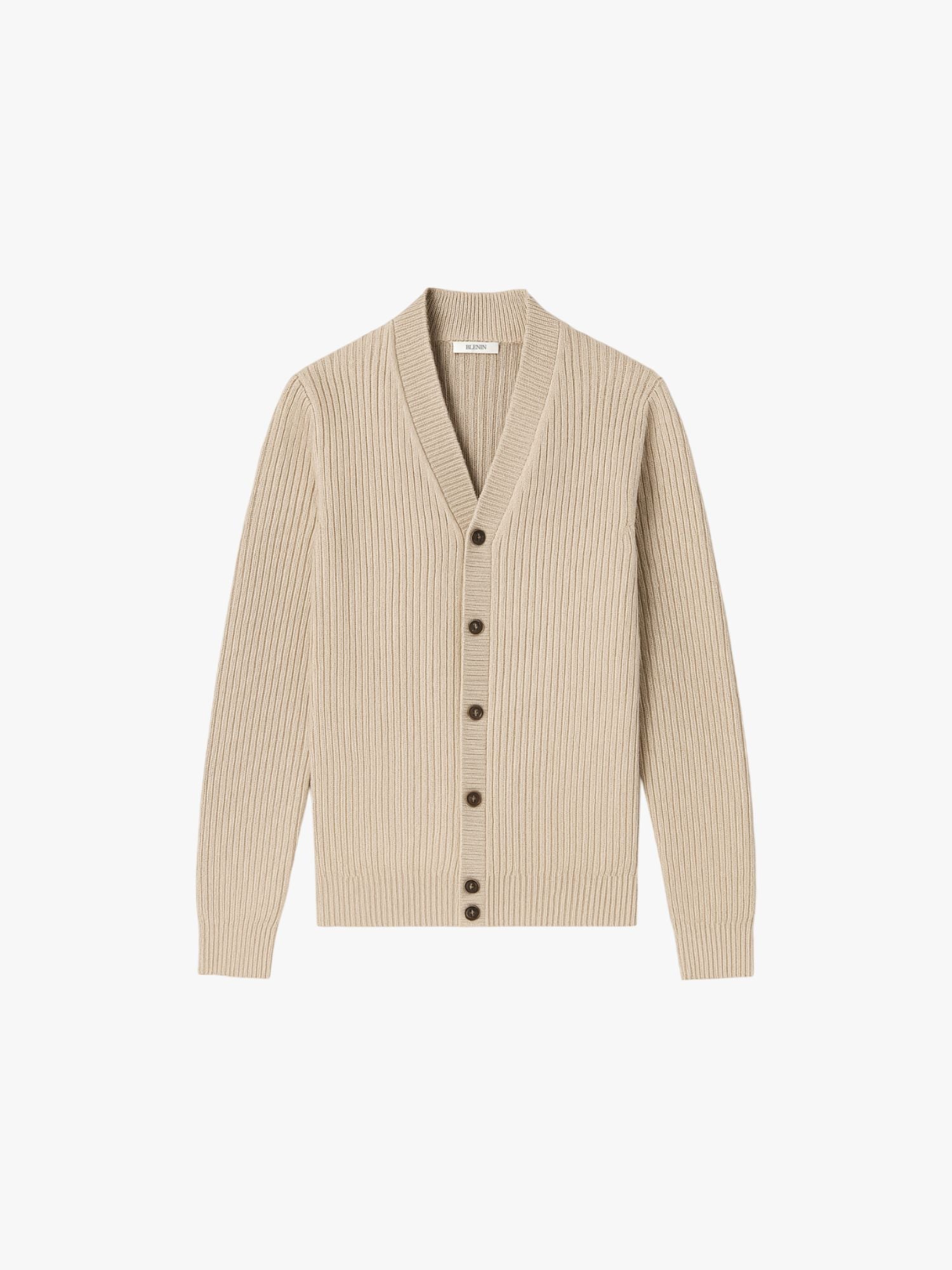 Beige ribbed cardigan with buttons on a white background