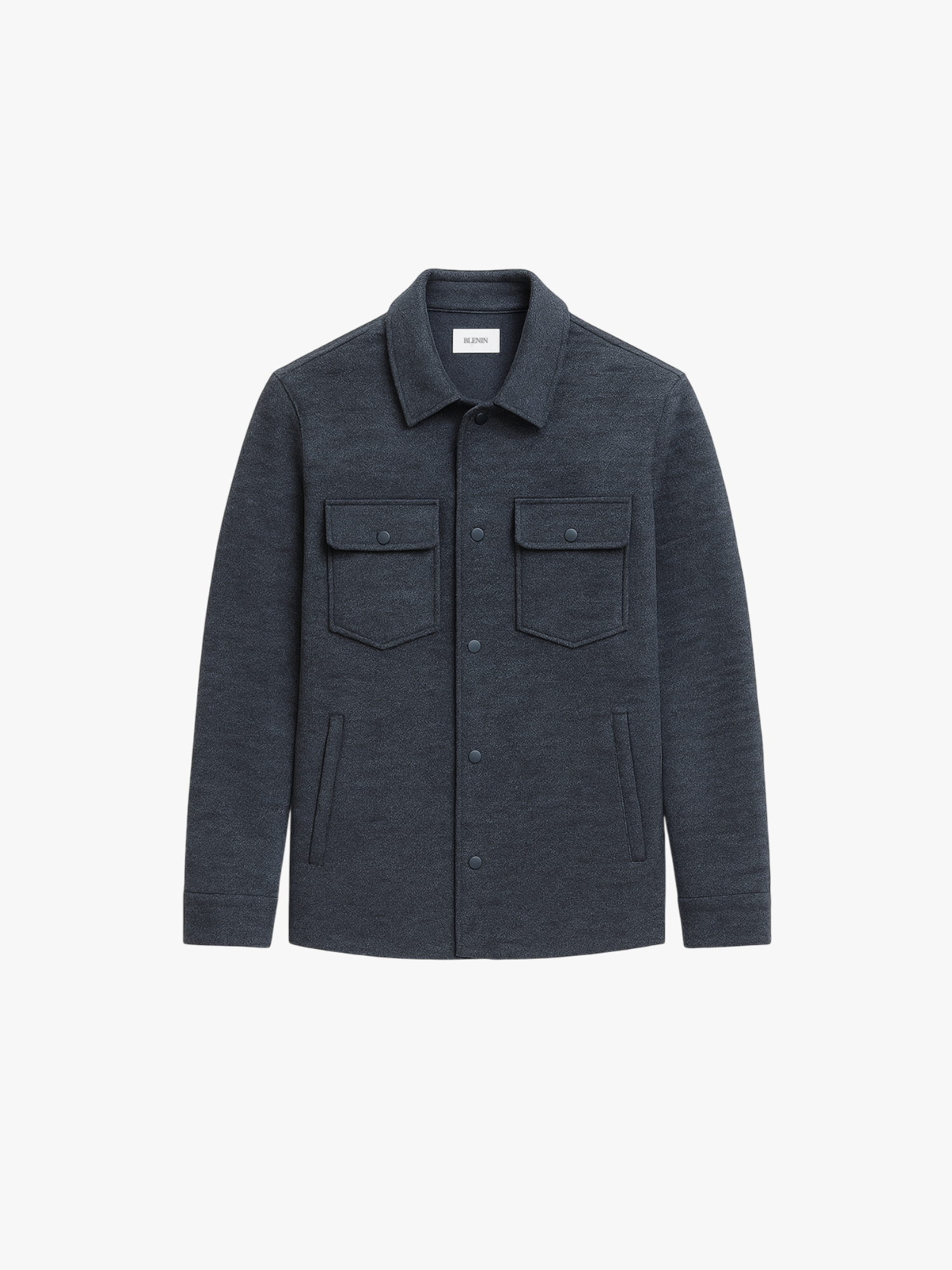 Dark gray jacket with two front pockets on a light gray background