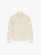 Cream-colored ribbed knit cardigan on a white background