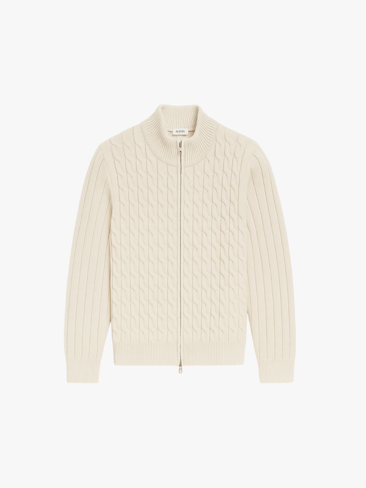 Cream-colored ribbed knit cardigan on a white background