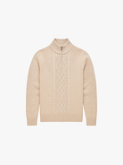 Beige cable knit sweater with a quarter zip on a white background