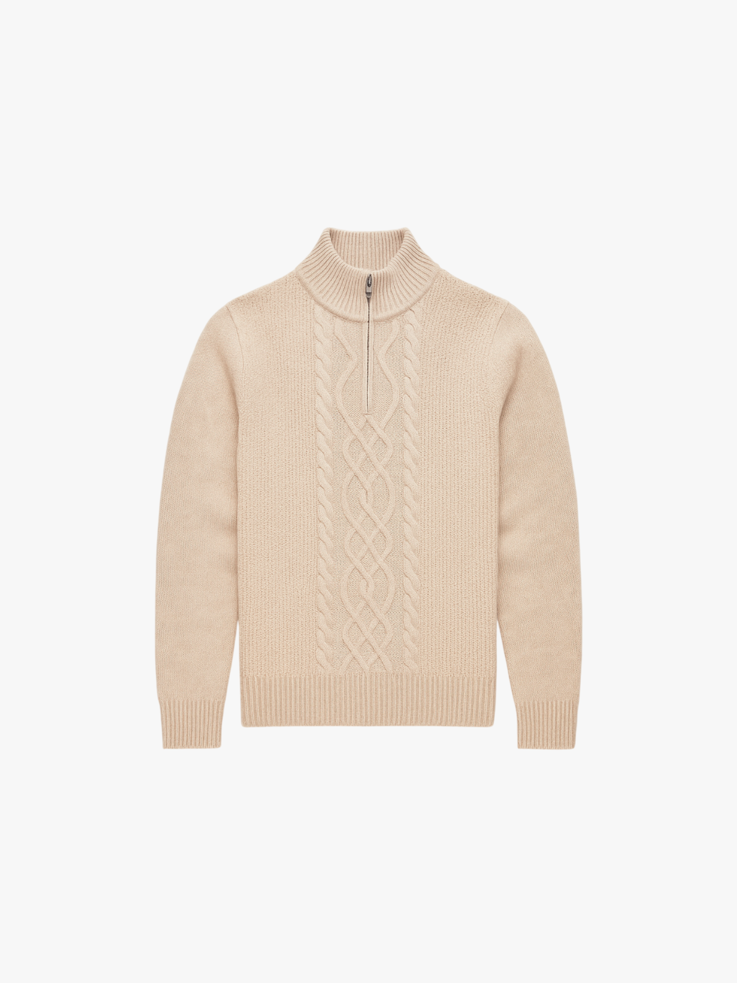 Beige cable knit sweater with a quarter zip on a white background