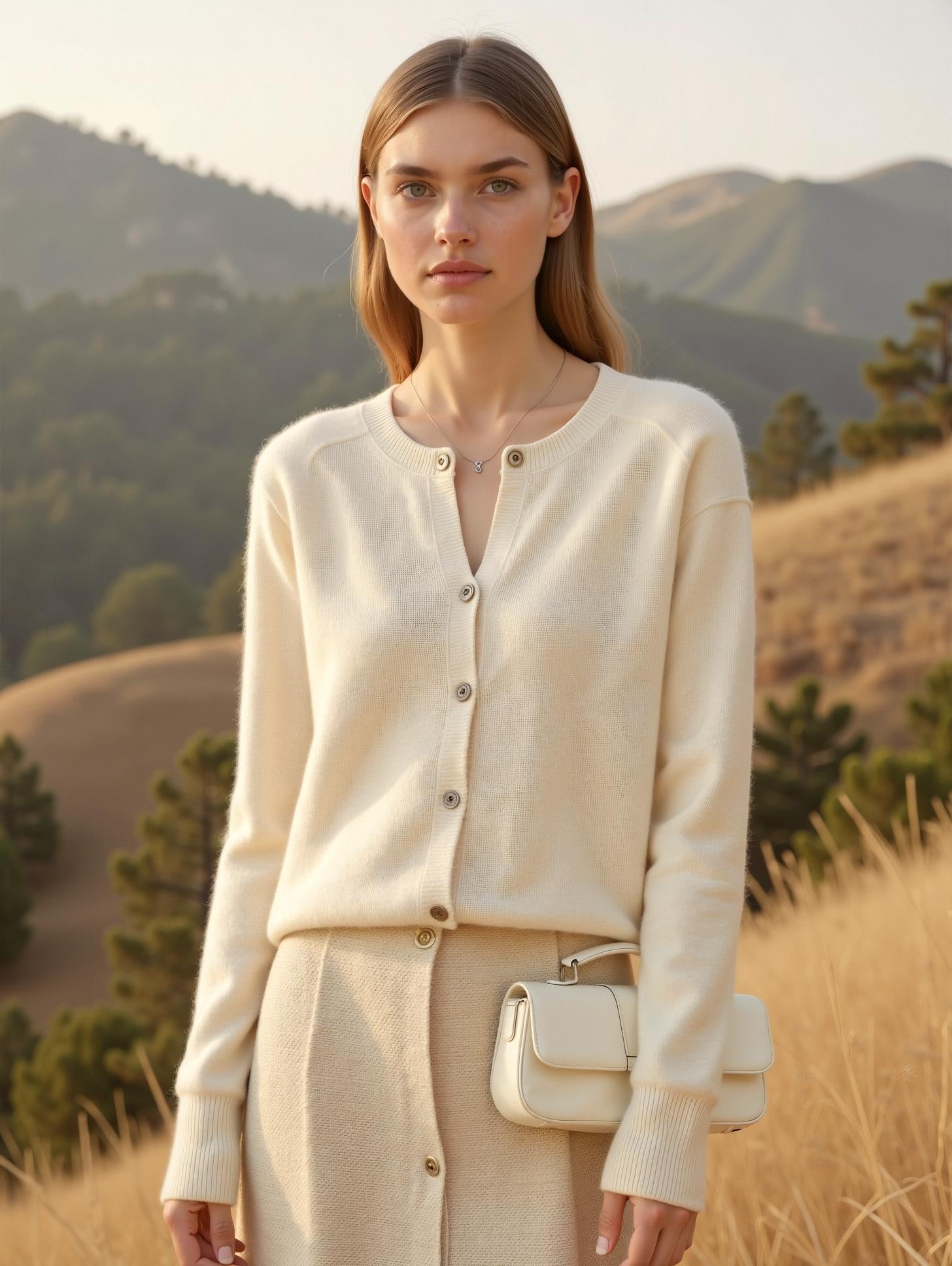 Woman in a cream-colored outfit standing in a scenic outdoor setting with mountains and trees.