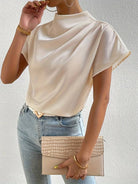 Old Money Plain Premium Solid Pleated Mock Neck Blouse - BLENIN - Old Money Elegant Clothing Brand