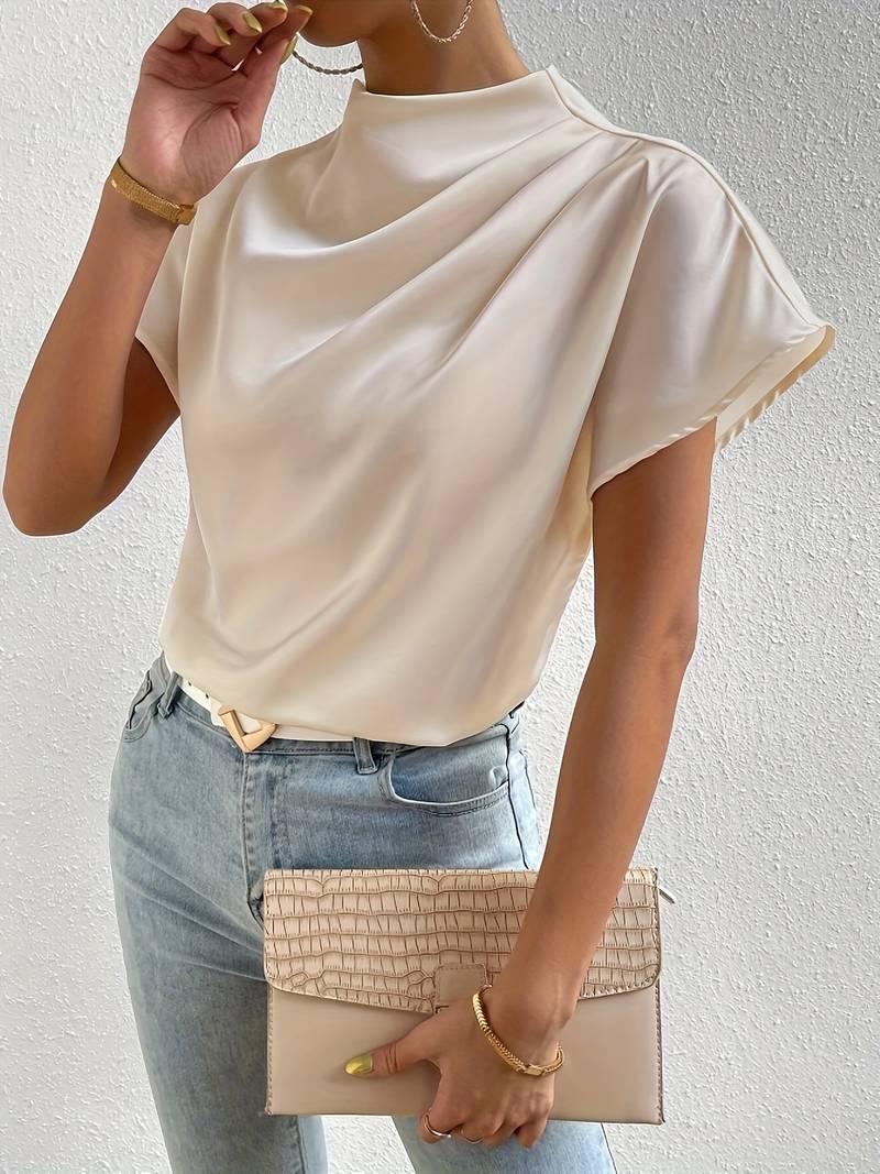 Old Money Plain Premium Solid Pleated Mock Neck Blouse - BLENIN - Old Money Elegant Clothing Brand