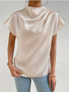 Old Money Plain Premium Solid Pleated Mock Neck Blouse - BLENIN - Old Money Elegant Clothing Brand