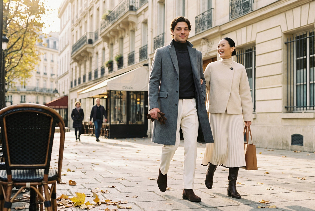 A couple in a grey wool overcoat and a cream short coat walking on a Paris street in autumn