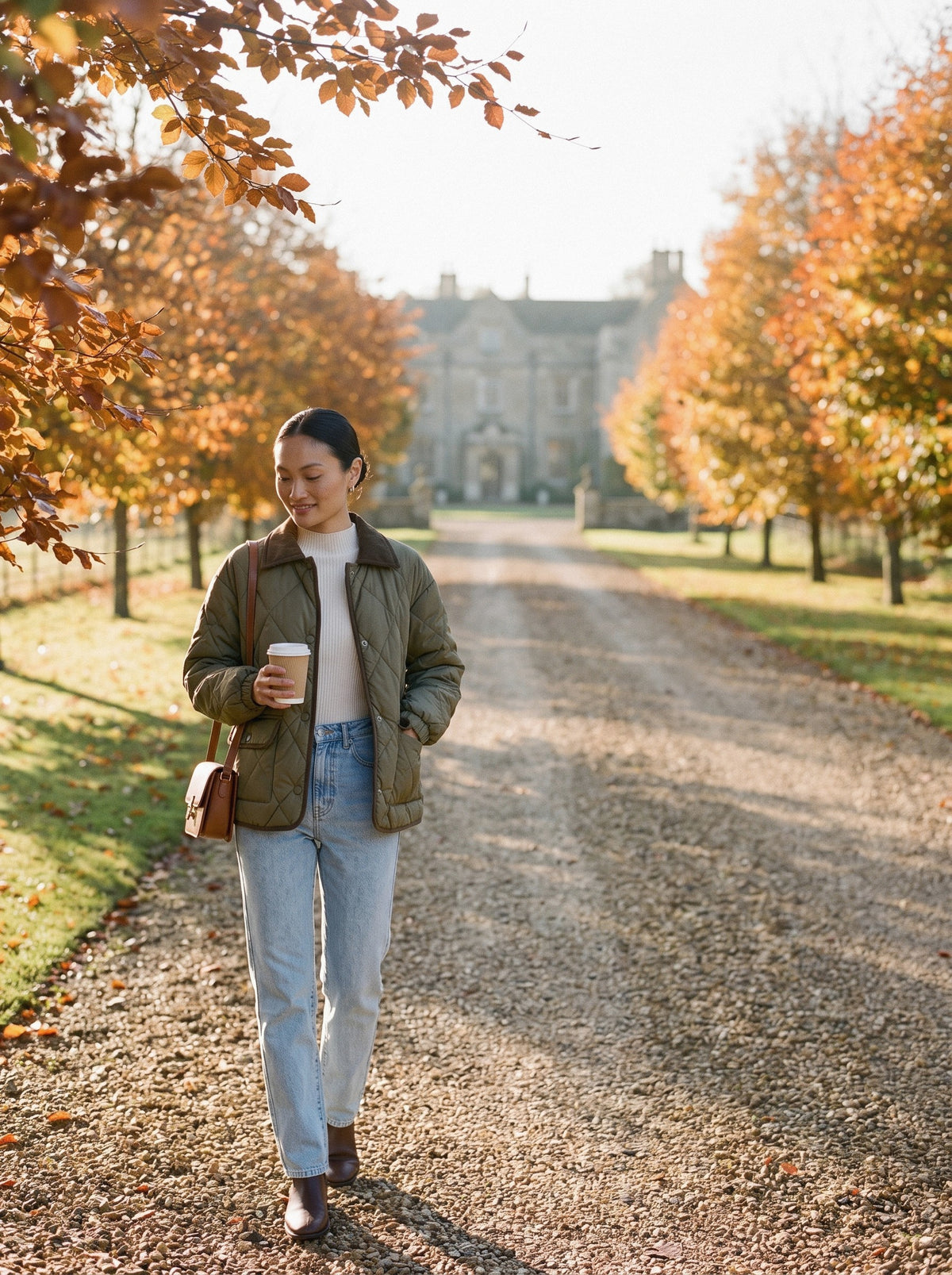 A woman in an olive quilted jacket walking on a country estate lane in autumn