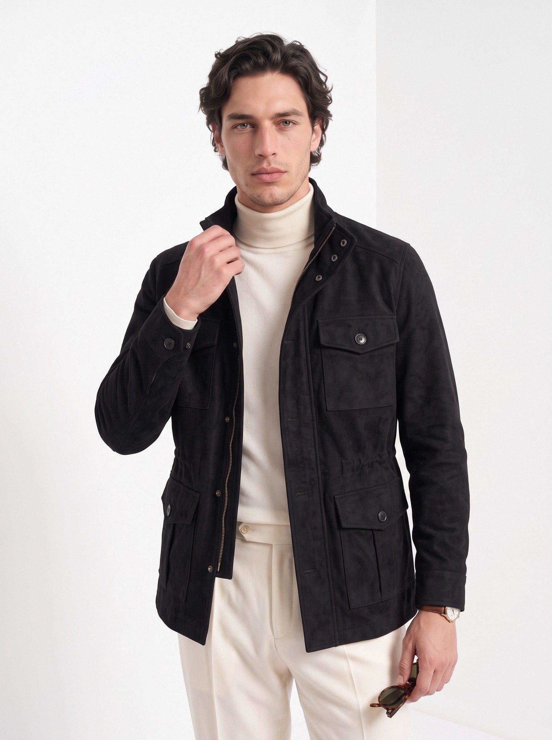 BLENIN men's brushed field jacket in black, front portrait