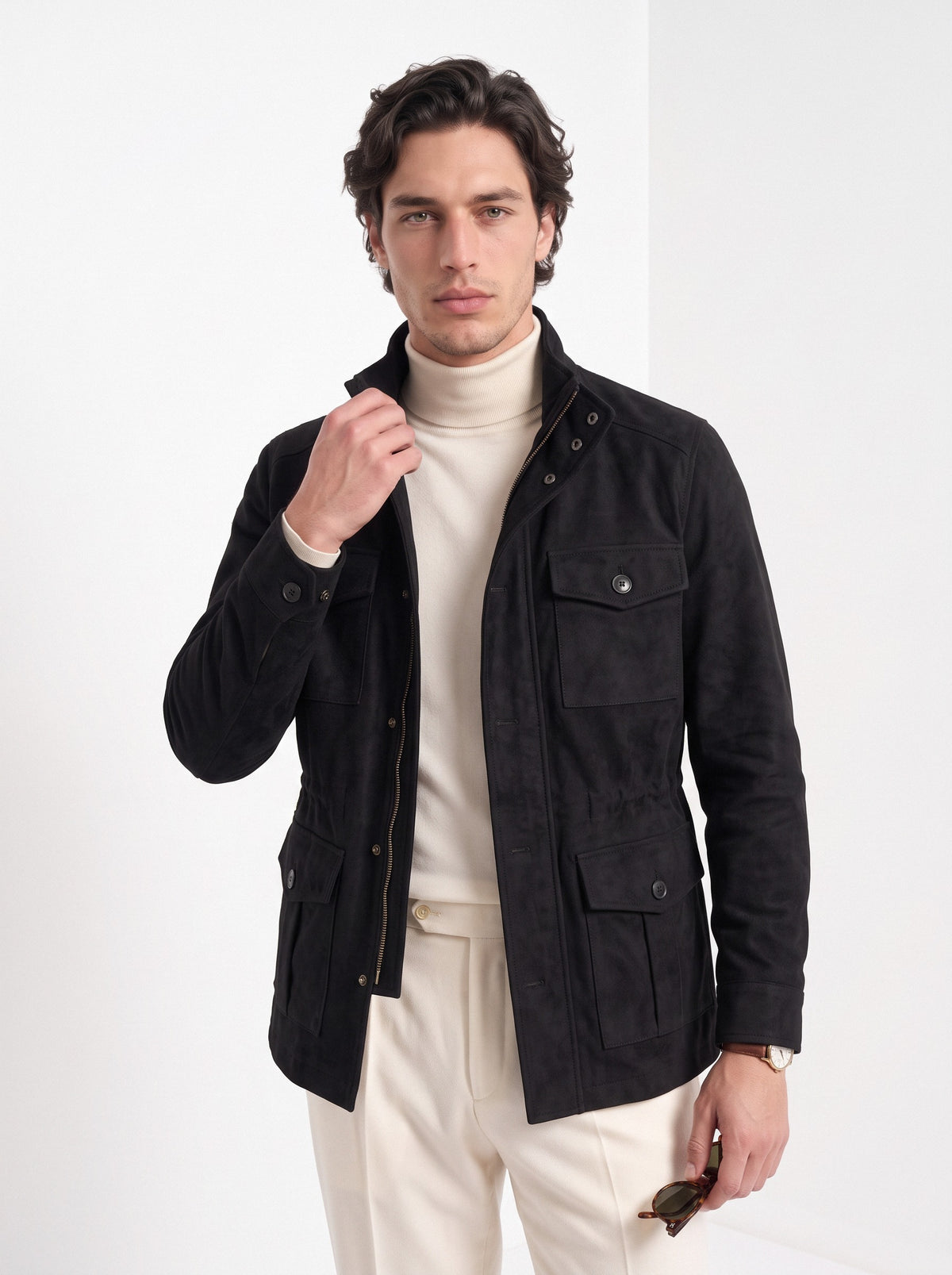 BLENIN men's brushed field jacket in black, front portrait