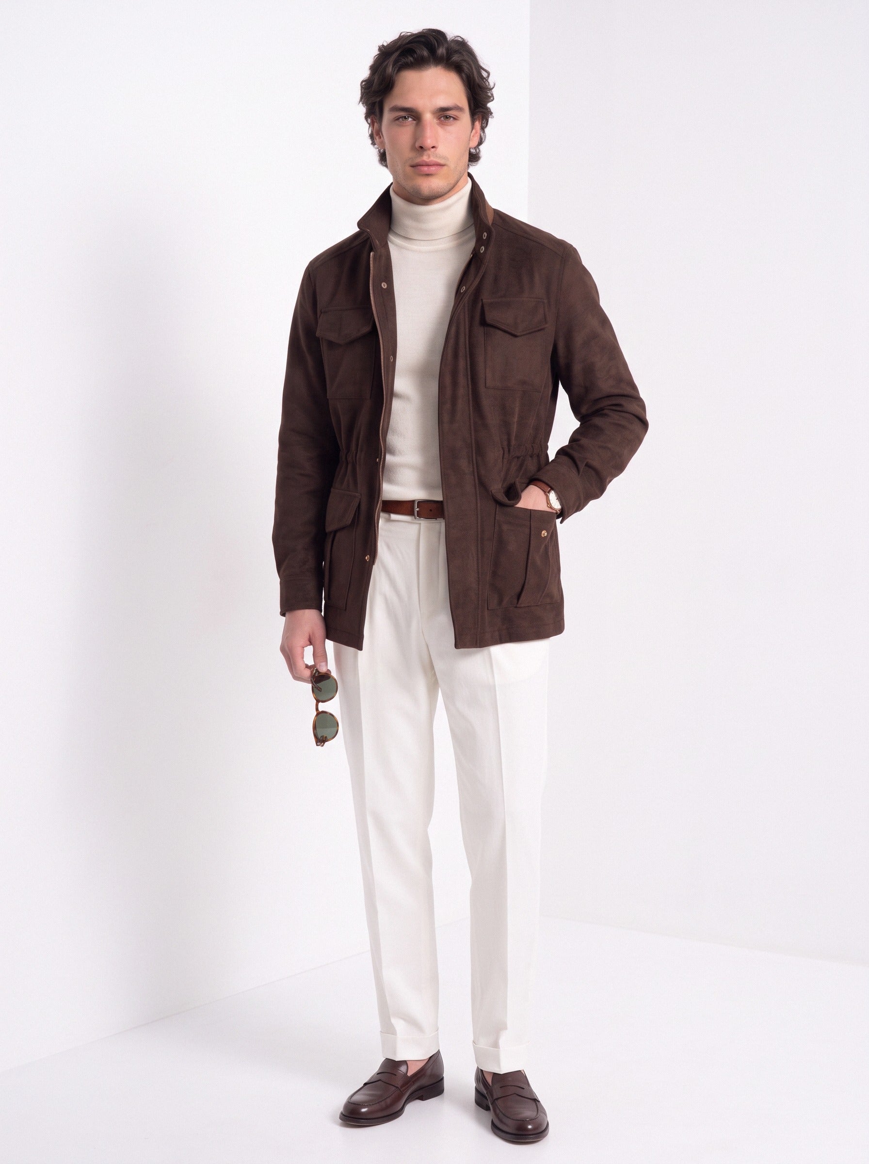 BLENIN men's brushed field jacket in chocolate, full-length look