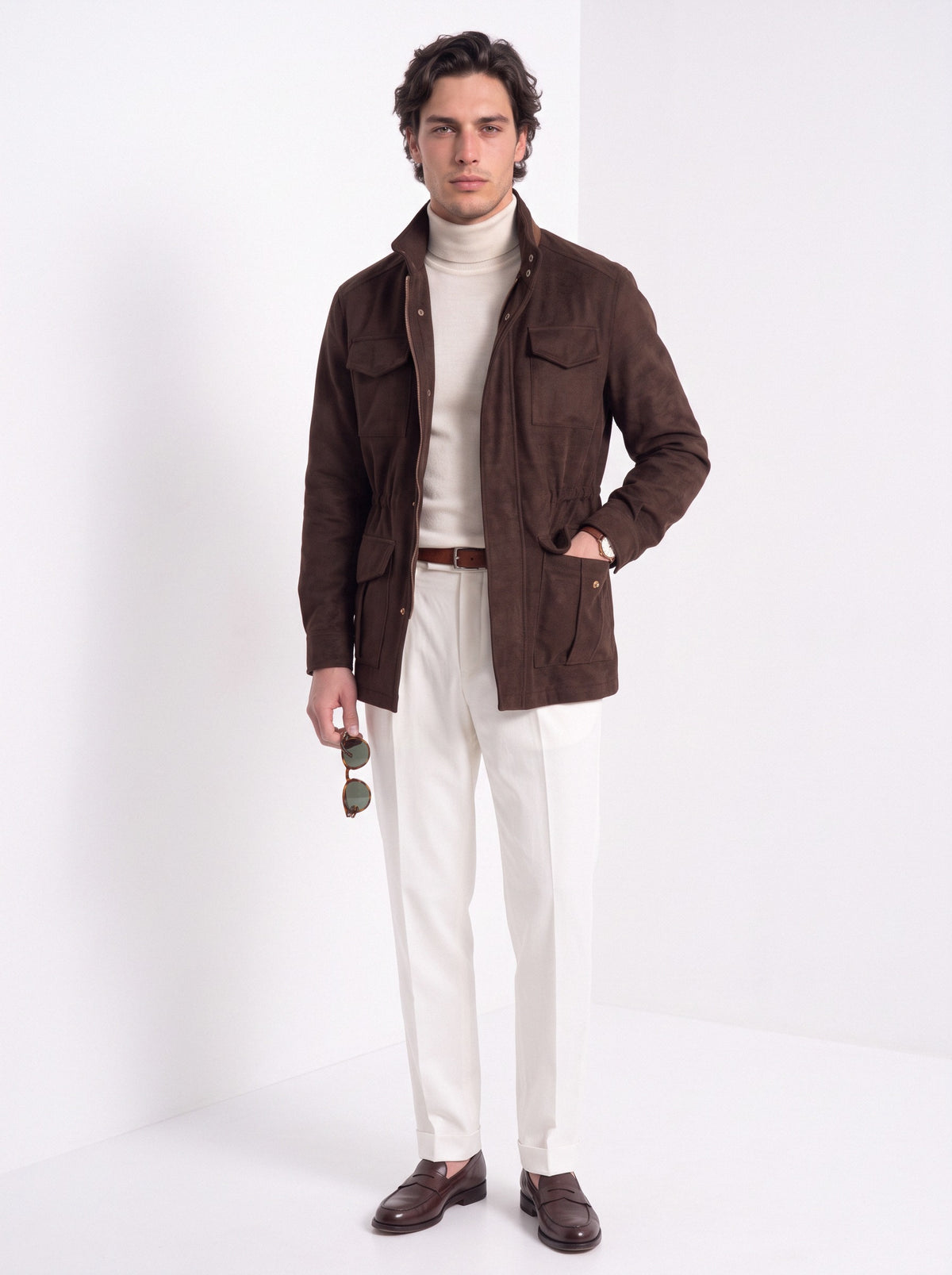 BLENIN men's brushed field jacket in chocolate, full-length look