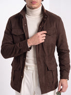 BLENIN men's brushed field jacket in chocolate, close-up of the details